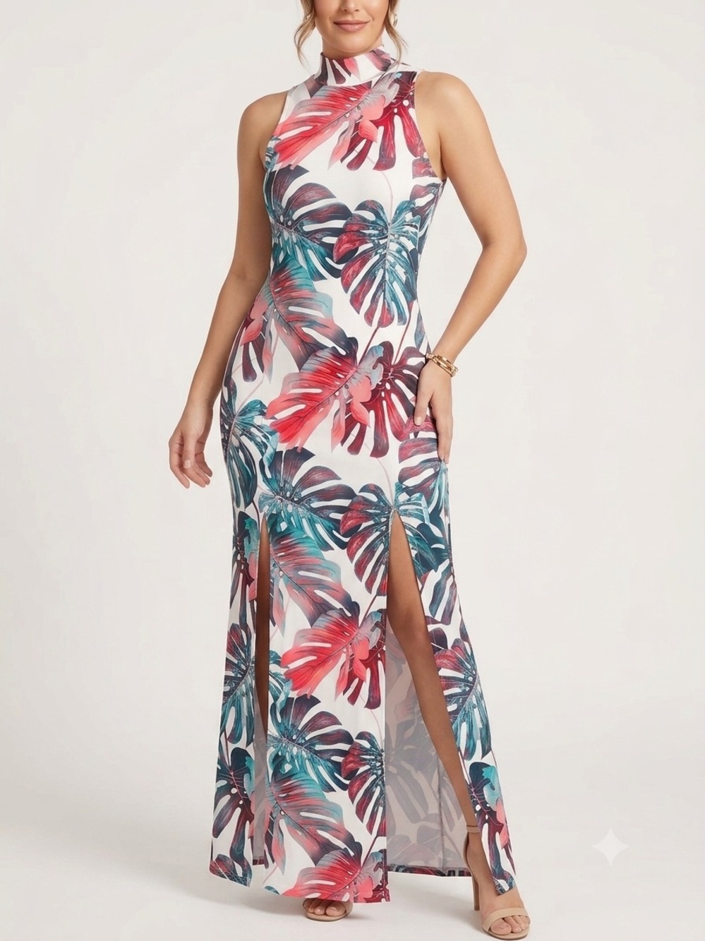 Tropical High-Neck Maxi Dress